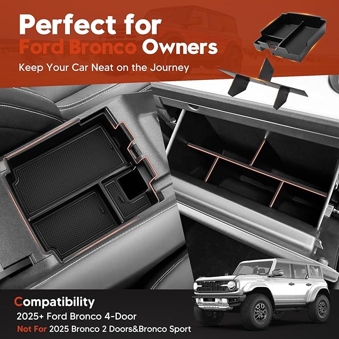 Sunsdrew 2025 Upgraded Center Console Organizer for 2025 2026 Ford Bronco 4-Door Accessories,2PCS Bronco Armrest Storage Box&Glove Box Organizer Slide smoothly Black(Not for 2-Door&Bronco Sport)
