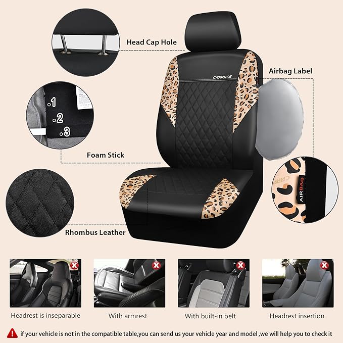 CAR PASS Leather Leopard Two Front Seat Cover Only, Universal Quilting Waterproof Deluxe PU Premium Vinyl Luxury Car Seat Cover Airbag Compatible for Most Sedan,SUV,Truck(Two Front, Brown Leopard)