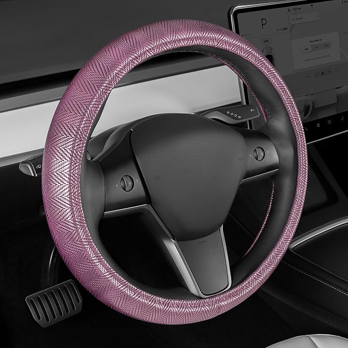 Purple Steering Wheel Cover, Standard 15 Inch Size Fits Most Vehicles, Cute Shiny Bling Car Steering Wheel Cover with Herringbone Detail, Car Accessories for Women