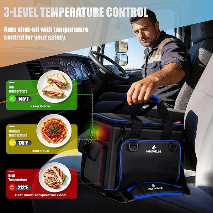 20L Large Heated Lunch Box Insulated Lunch Bag, Auto Temp Control Electric Lunch Box for Adults Men, 12/24/110V Portable Food Warmer for Truck/Car/Work/Travel, Lonchera Eléctrica Portátil
