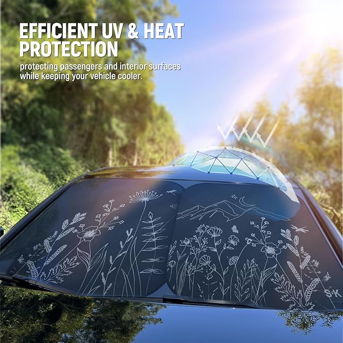 Foldable Car Sun Shade Windshield for Cars，SUV, Trucks, Sedan – Reflective UV Ray Blocker and Heat Shield with Storage Pouch, Pattern Sun Visor Cover, Car Interior Accessories Keep Vehicle Cool