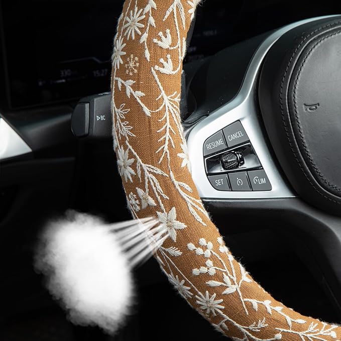 Brown Japanese Style Flower Steering Wheel Cover Auto Embroidery Steering Wheel Protector, Anti-Slip, Breathable, Absorbing Sweat, Universal Car Accessories 14.5–15 inch,Fit for Most Car, Trucks, SUV