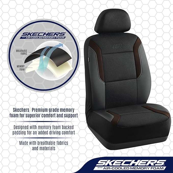 Skechers Memory Foam Car Seat Covers, Air Cool Mesh Thick Seat Covers, Car Seat Full Sets Airbag Compatible, Automotive Comfort for Most Cars,Vans,Trucks, SUVs,Brown
