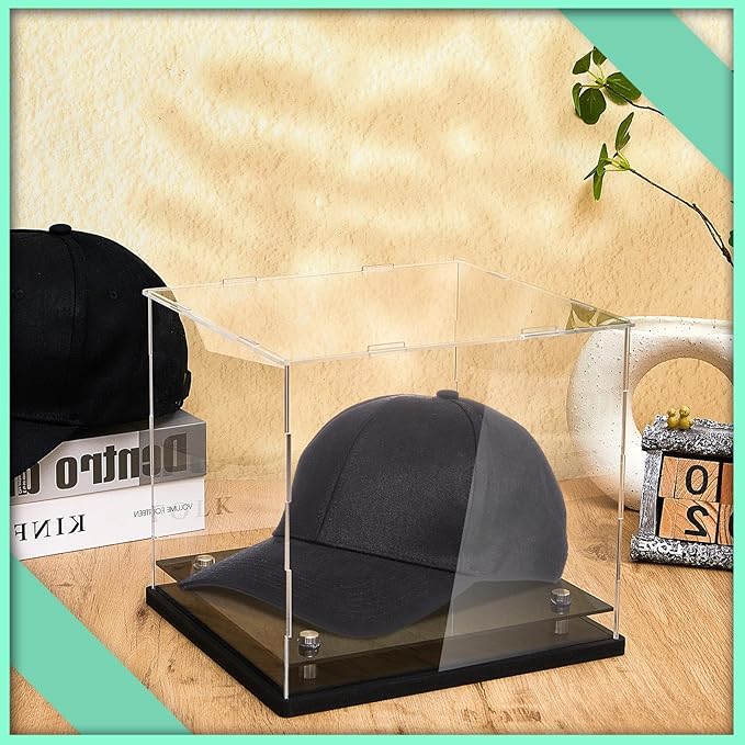 Barydat Clear Hat Display Case 7.8" L x 7.8" W x 8.6" H Crystal Acrylic Baseball Hat Box with Stainless Steel Risers Memorabilia Helmet Display Holder Stand