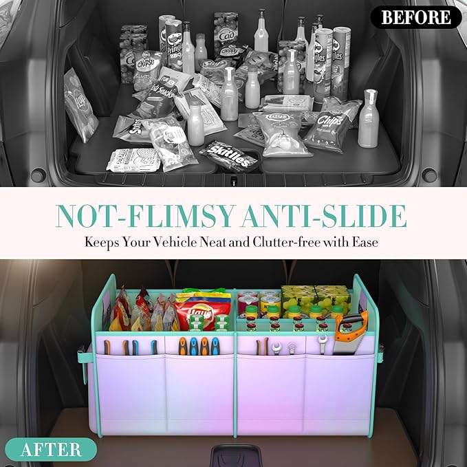titiyiof Trunk Organizer For Suv&Sedan,Car Organizers&Storage, Waterproof Collapsible & Adjustable Straps,70L Sturdy Car Organization for Car Accessories,Tools,Sundries,2-3Compartment(Colorful Green)