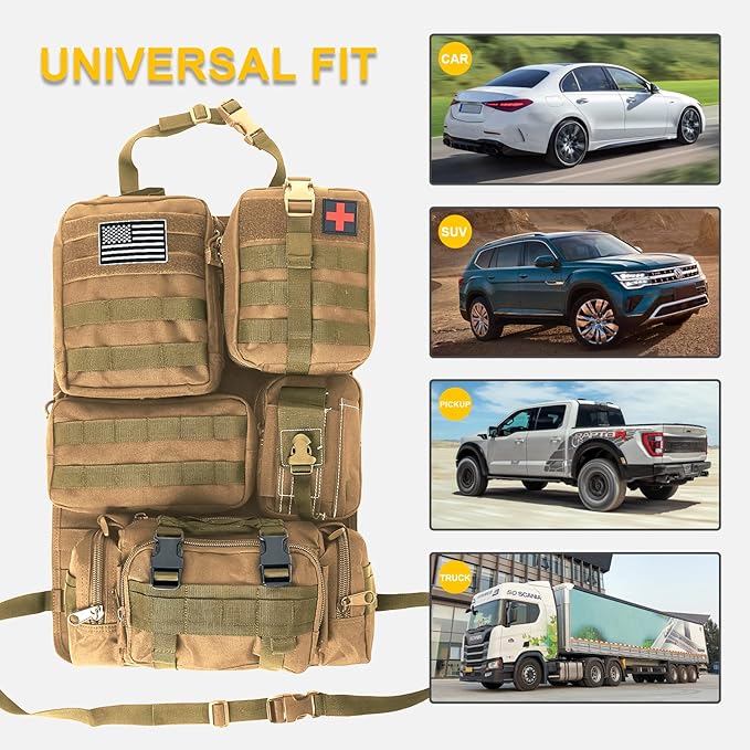 Universal Tactical Car Seat Back Organizer Bag Tactical Molle Vehicle Organizers Panel Vehicle Protector Organizers with 5 Detachable Pouches for Car Truck Ford Jeep (Khaki)