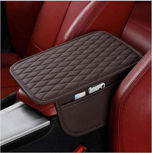 Car Center Console Cover, Leather Vehicle Armrest Seat Box Cushion Pad with Storage Bags, Waterproof Automotive Middle Console Protector, Universal for SUV RV Truck (Coffee)