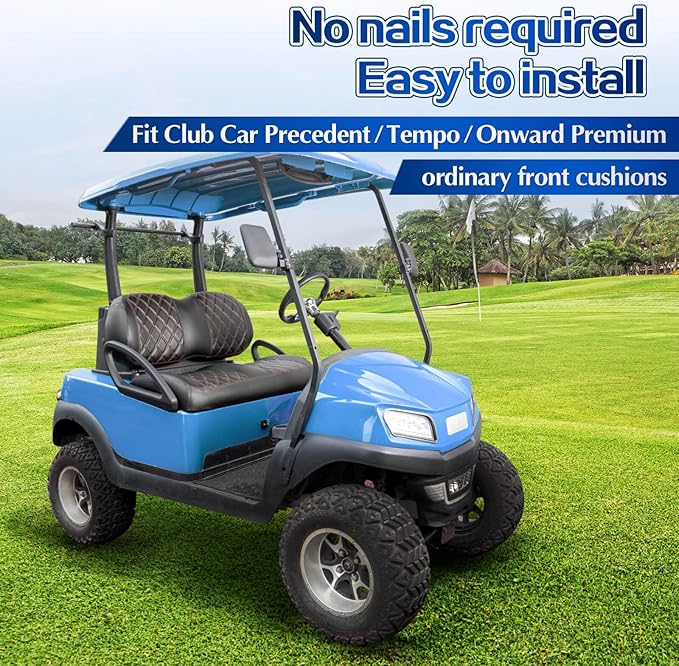 NOKINS Golf Cart P-P Diamond Leather seat Cover for it Club Car Precedent/Tempo/Onward Premium,No Stapler Required, Golf Cart Vinyl Replacement Seat Cover.Black&Brown Stitching