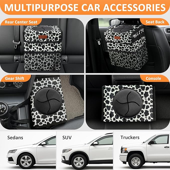 3 Gallons Car Trash Can with Lid, Car Bag Bin Hanging Waterproof Automotive Garbage Cans Leak Proof Vehicle Trash Can Cow Print