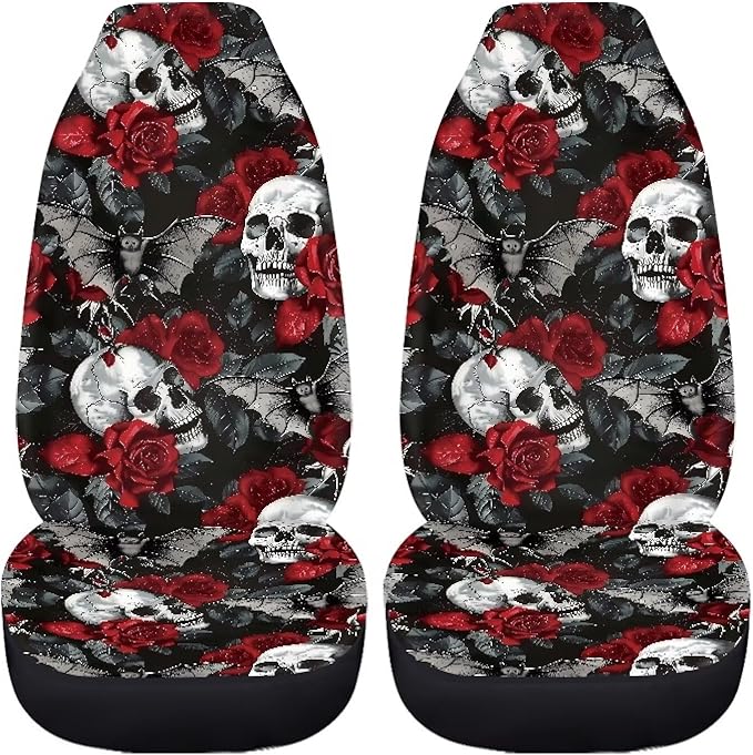 Skull Red Rose Car Seat Covers Universal Front Car Seats Anti-Slip Back Fabric Removable Automotive Accessories Suitable for Cars, SUV and Trucks