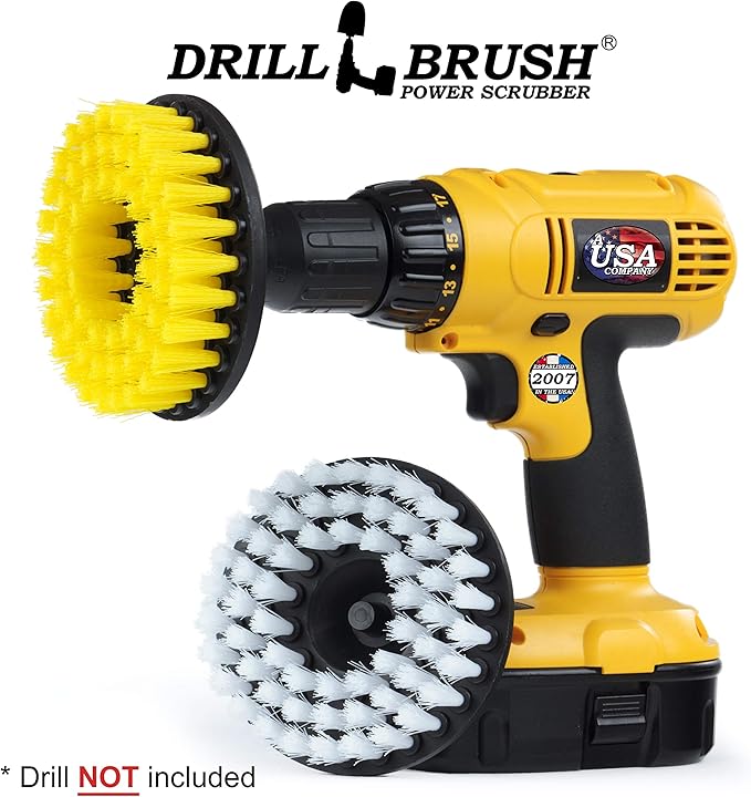Drill Brush - 5-inch Spin Brush Cleaning Kit - Calcium, Mineral Deposits, Soap Scum, Rust - Hard Water Stain Remover - Grout Cleaner - Shower Curtain - Bath Mat - Bathroom Accessories - Shower Door