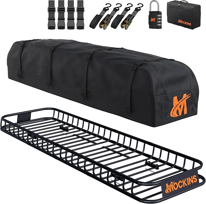 Mockins 85"x24"x4" Extendable Skinny Roof Rack Cargo Carrier w/ 20 CuFt Soft-Shell Rooftop Cargo Bag for Top of Car | 250 Lbs Cap Weatherproof Narrow Car Top Carrier Set w/Straps, Lock, & Carry Case