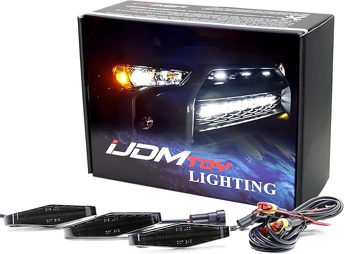 iJDMTOY 3pc Set Dark Smoked Lens Full LED Strip Front Grille Lighting Kit Compatible with 2014-up Toyota 4Runner, Includes (3) 24-SMD 6000K White LED Assy & Wiring Harness