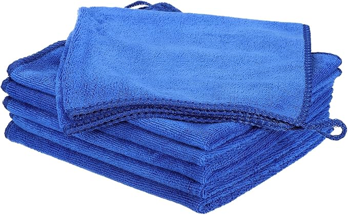 HARFINGTON 6 Pack Microfiber Cleaning Cloth, 16" x 12" Multi-Functional Cleaning Towels Reusable Absorbent Rags with Hook for Car Wash Kitchen Household Window Clean, Sapphire Blue