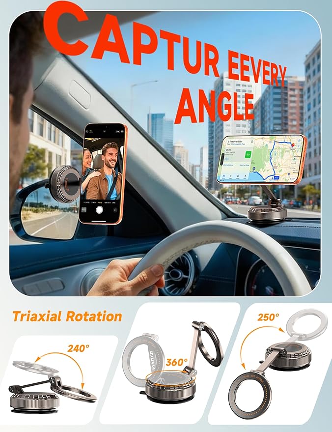 Pure Zinc Alloy Vacuum Magnetic Phone Holders for Your Car [105+LBS Suction & 3800gf Magnetic] 360° Adjustable Magsafe Car Phone Holder Mount for iPhone 17 16 15 14 13 12 Series & Android