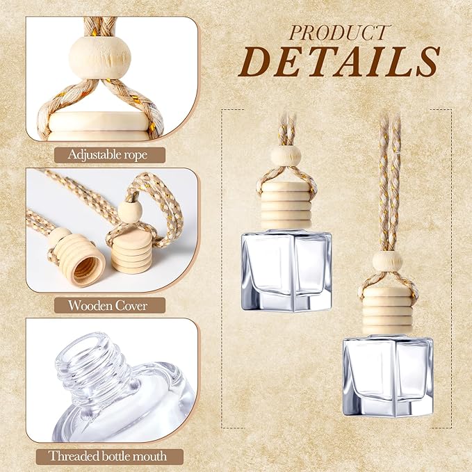BBTO 200 Pcs Hanging Car Diffuser Bottles Bulk, Empty Clear Glass Air Freshener Bottles with Wooden Cap for Perfume Essential Oils Fragrance Aromatherapy Ornament(Square)