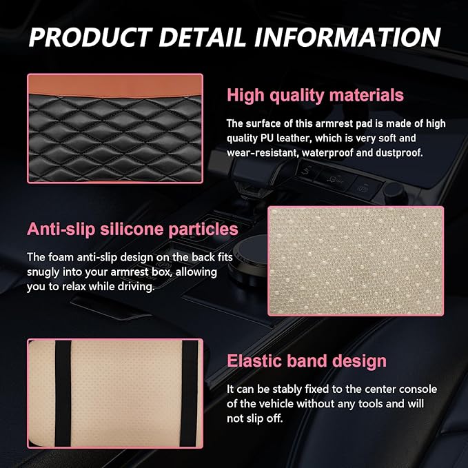 Car Center Console Cushion Pad, PU Leather Waterproof Auto Armrest Box Cover Protector, Comfortable Armrest Seat Box Cover Mat, Universal Car Accessories for SUV Truck (Coffee)