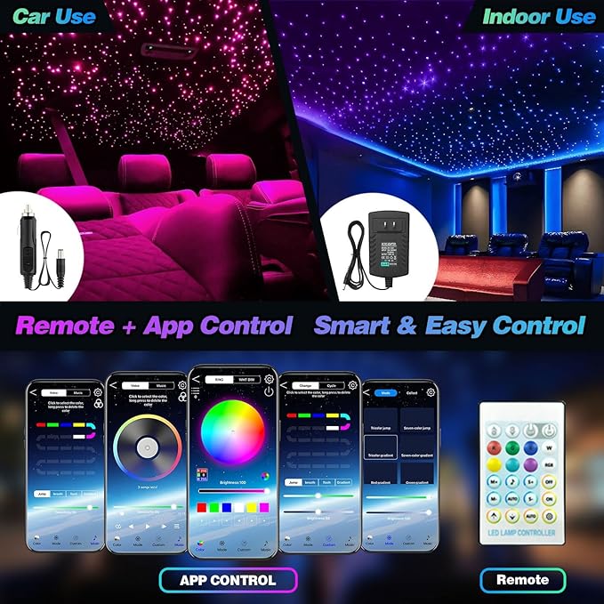 VASTFIRE Starlight Headliner Kit - 1000pcs 0.02in 9.8ft Fiber Optic Star Lights for Car with 16W RGBW, Twinkle & Music Sync, APP/Remote Control for Car Roof/Bedroom Ceiling