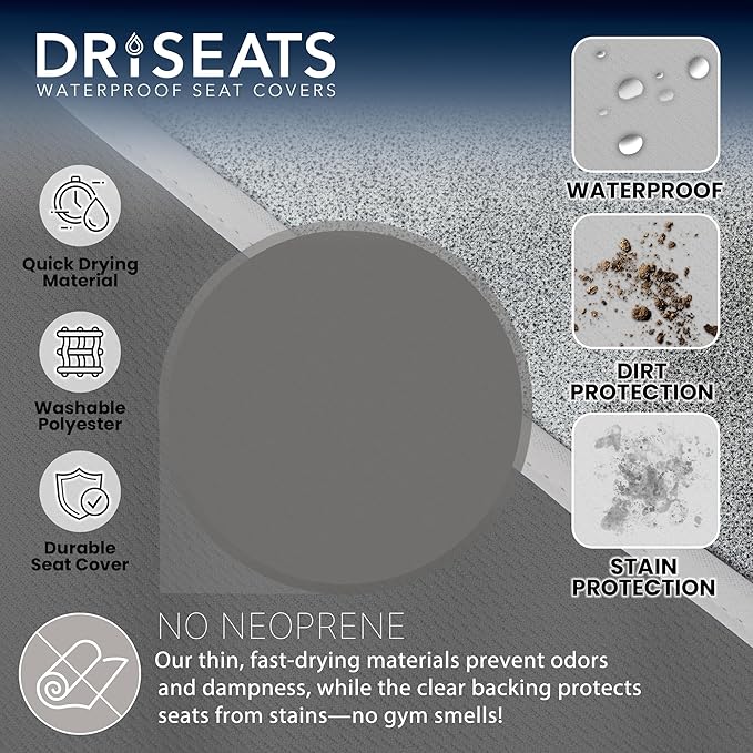 Dri Seats Waterproof Car Seat Cover – Premium Sweat Towel with Slip Resistant Backing for Front Seats in Cars, Trucks, SUVs – Universal Seat Covers & Liner, Easy Install (Gray, Large)