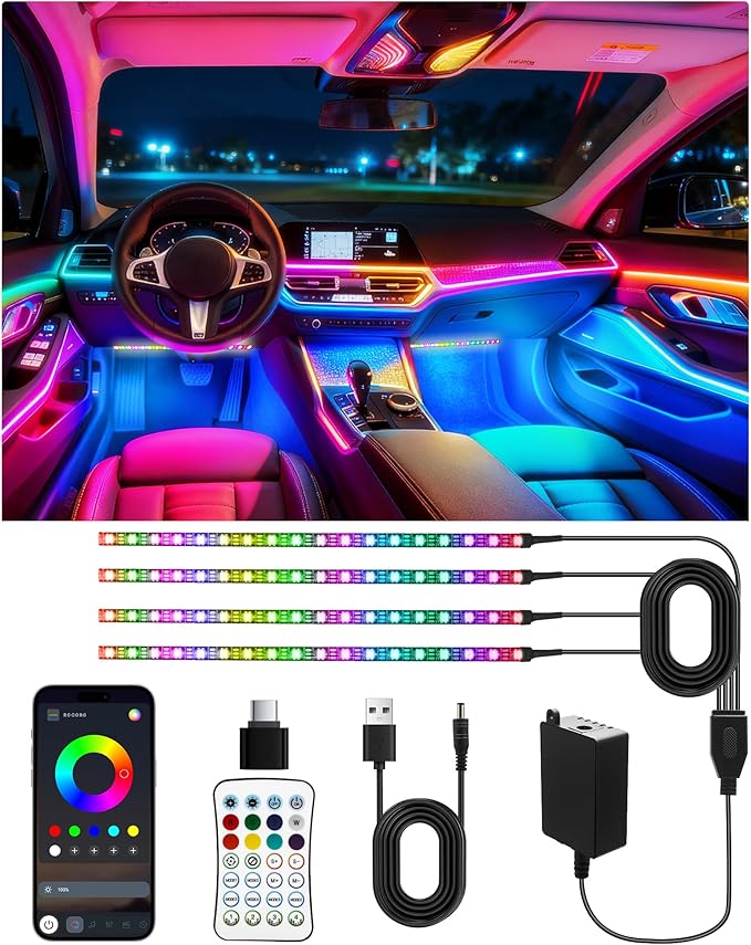 Interior LED Lights for Car, Flexible LED Strip with App and Remote Control, USB-A/C RGB Lights with DIY Mode and Music Mode, 72 LEDs