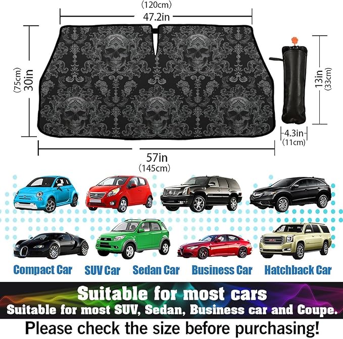 Socira Gothic Skull Car Windshield Sunshade Umbrella Foldable Umbrella Sun Shade Windshield Cover Sunshade Skull Accessories Blocks Uv Rays Keeps Cool (57" X 30")