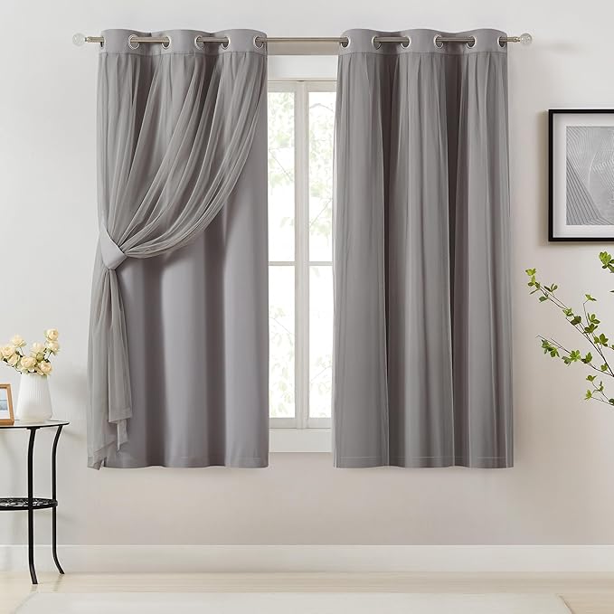 Bujasso Grey 90% Blackout Curtains with Sheer Overlay Mix and Match Double Layer Window Curtains Thermal Insulated 63 inch for Living Room Bedroom Gray Drapes with Tiebacks Grommet Top 37" Wx63 Lx2