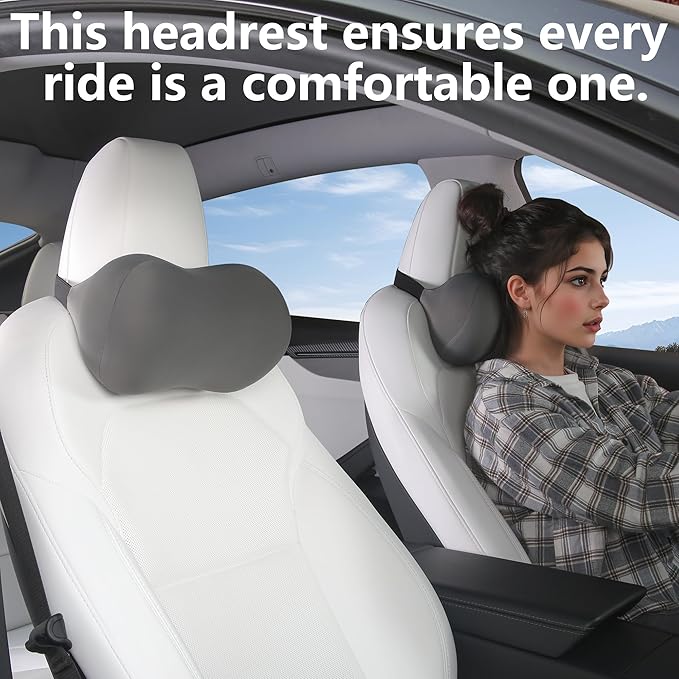 Car Headrest Pillow for Neck Support, Memory Foam Car Neck Pillow with Adjustable Strap, Ergonomic Neck Support Relieves Driving Fatigue (Grey)