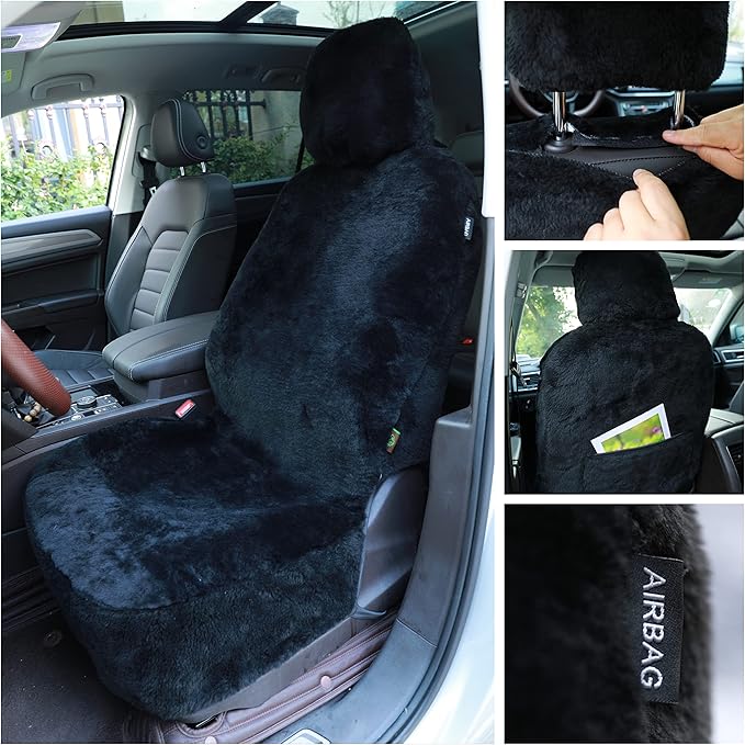 SHEEPSKIN ELITE Premium Sheepskin Car Seat Cover - All Season Comfort and Protection, Easy Installation (56" x 23", Black Color)
