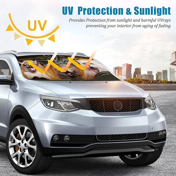 Funny Cat Car Windshield Sun Shade Foldable Sunshade Front Window Cover Sun Visor Protector Accessories (59x27.5 inches)