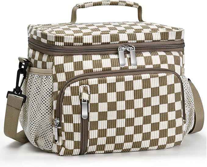 Insulated Lunch Bag for Men & Women, 9L Leakproof Lunch Box Soft Cooler Tote with 5 Pockets, 600D Oxford, EVA Lining, Adjustable Strap for Work, Picnic, Beach&Travel-Corduroy Khaki Checkered