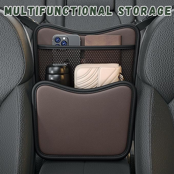 Car Organizer Storage Between Seats, Nappa Leather Auto Handbag Holder for Document Phone Storage, Large Capacity Automotive Console Pocket Purse, Car Accessories (Brown)