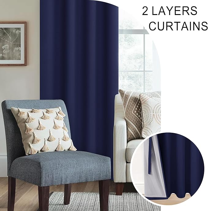 XWZO Total Blackout Curtains 2 Panels with Tiebacks- Double Layers Heat and Full Light Blocking Window Panels with Grommets for Short Kitchen Windows, Navy Blue, W38 x L54, Set of 2
