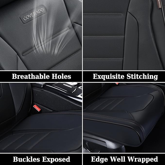 Coverado Seat Covers Full Set, Car Seat Cover Black, Seat Covers for Cars, Car Seat Protector, Nappa Leather Car Seat Cushion, Waterproof Car Seat Covers Front Seats and Back Fit for Most Cars