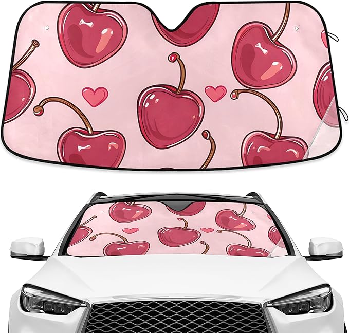 Cherries Hearts Pink Windshield Sunshade Car Sun Shade Blocks UV Rays Visor Protector Accordion Folding Sun Reflector Auto Sunshade for Truck SUV
