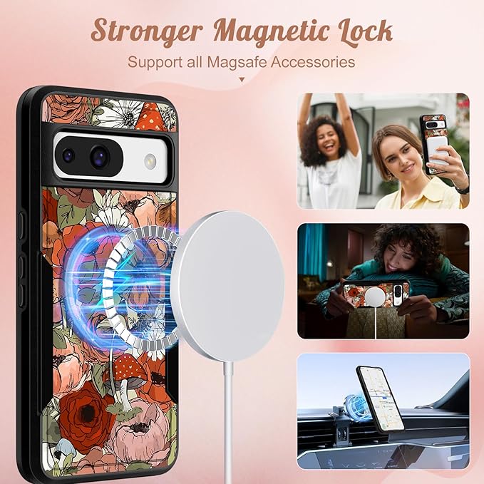 for Google Pixel 8A Case 6.1 Inch - Compatible with MagSafe Women Girls Cute Magnetic Protective Cover Girly Mushroom Flower Heavy Duty Shockproof Design for Google Pixel 8A Phone Cases
