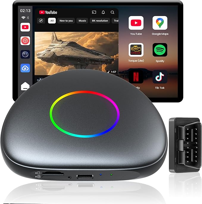Magic Box - Wireless Carplay/Android Auto/Android AI Box 8GB+128GB, Car Video Box for YouTube, Spotify, Prime Video with Built-in 4G/ WiFi/Dual Bluetooth, OTA, GPS, microSD, OBD II, CB6D