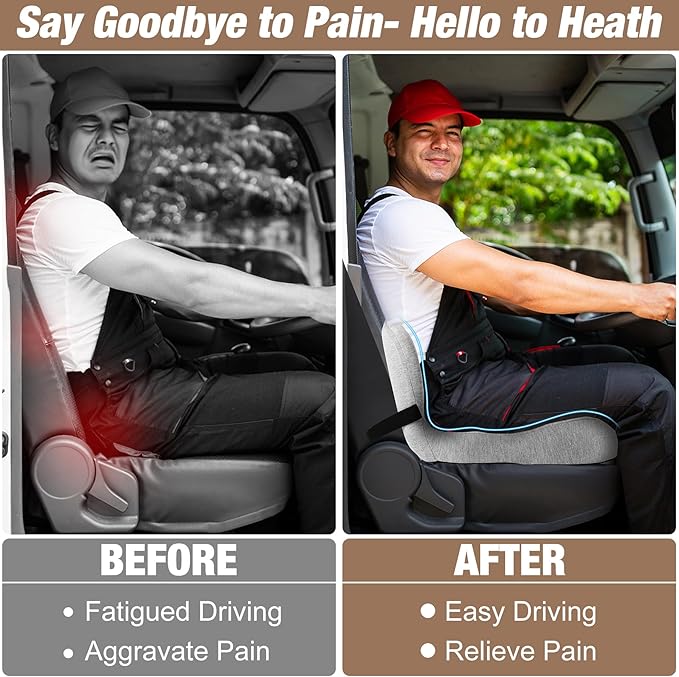 MYFAMIREA Truck Seat Cushion, Memory Foam Trucker Seat Cushion for Truck Driver Long Sitting with Adjustable Strap, Back Support and Pain Relief for Trucker Driving Office Chair and Pain, Light Gray