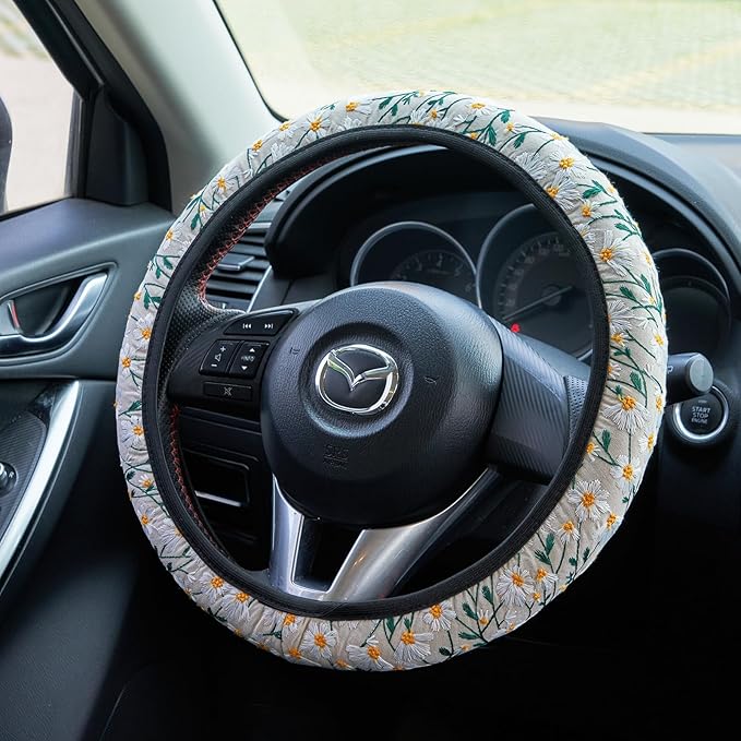 Embroidered Flowers White Cute Daisy Steering Wheel Cover Auto Anti-Slip Breathable Steering Wheel Protector,Floral Car Accessories for Women,Universal Size Fit Most Cars -15 inch
