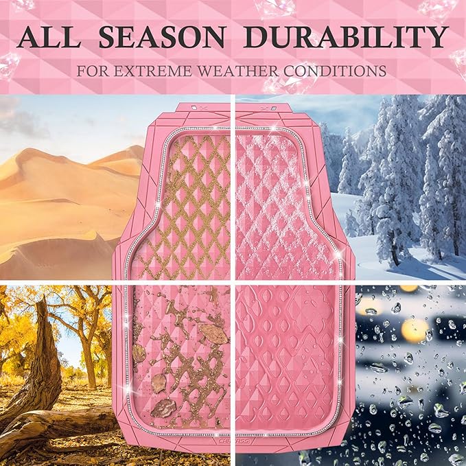 CAR PASS Bling Diamond Rubber Car Mats, Heavy Duty Deep Dish All-Weather Floor Mat Full Set Anti-Slip 3D Rhombus Waterproof Trim Fit Liner Universal Glitter Sparkly Shining Rhinestone, Pink Rubber