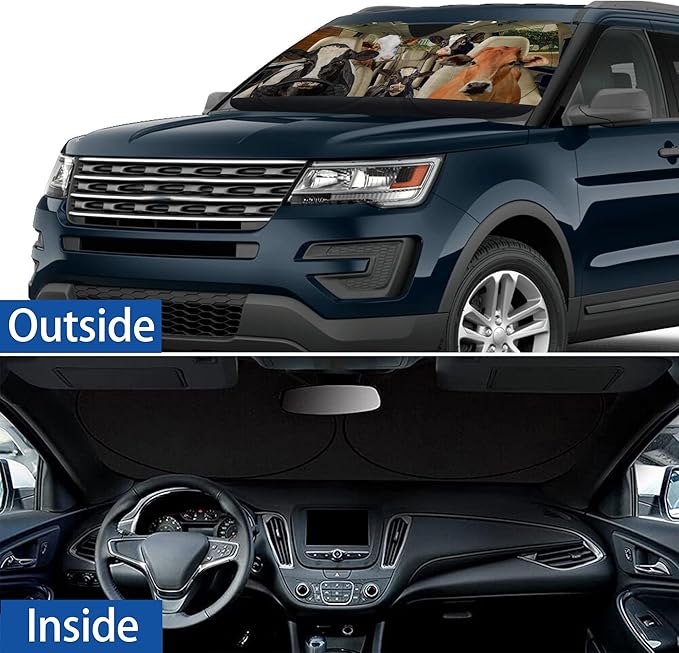 Funny Cow Windshield Sunshade for Car SUV Truck Foldable Uv Ray Reflector Front Window Sun Shade Visor Shield Cover -59" X 31"