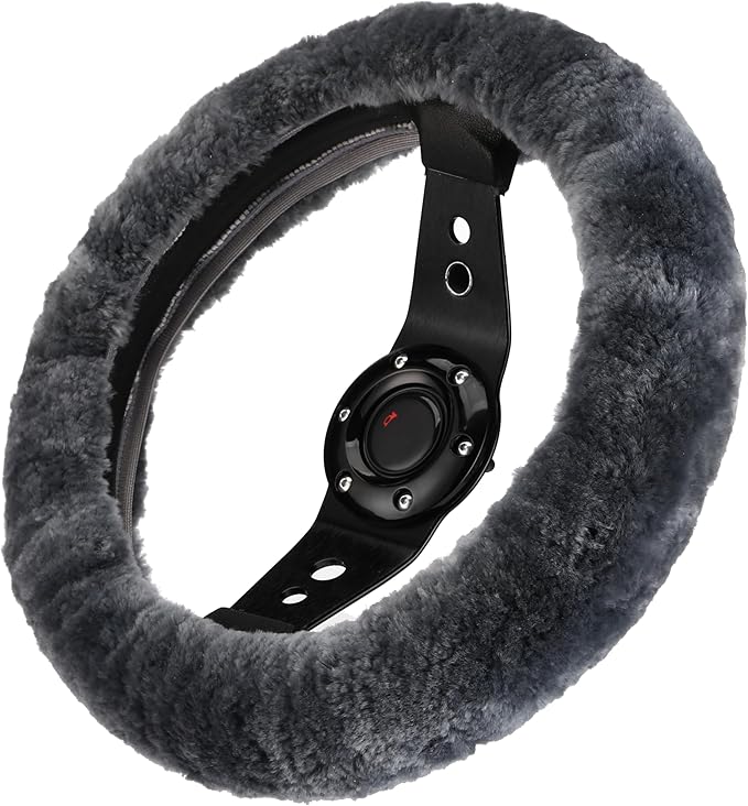 Andalus Brands Luxury Fluffy Car Steering Wheel Covers – Genuine Merino Sheepskin, Soft Fuzzy Car Steering Wheel Cover for Women, Universal 14.5-15" Size, Plush Fur Cute Auto Accessories, Carbon Black