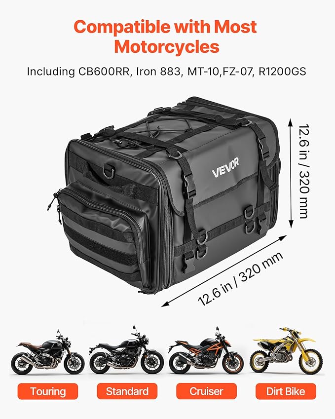 VEVOR Motorcycle Tail Bag, 40-60 L Expandable Motorcycle Rear Seat Bag with Waterproof Rain Cover, Foldable Outdoor Sports Motorbike Luggage Storage with Shoulder Straps, Pocket & Elastic Cord, Black