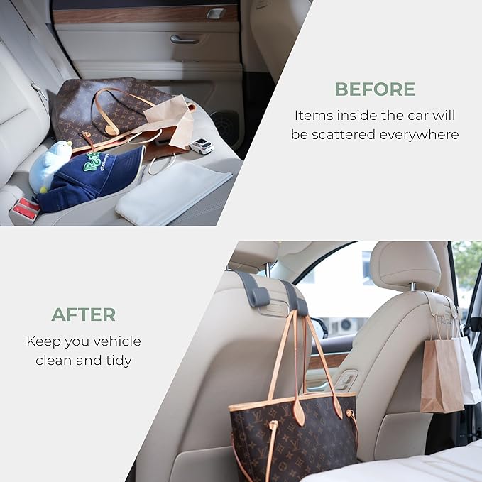 Purse Holder for Car, 2 Pack Upgraded Car Seat Hooks for Hanging Purse and Bag, Leather Headrest Hooks for Car Back Seat, Car Organization Accessories (Beige)
