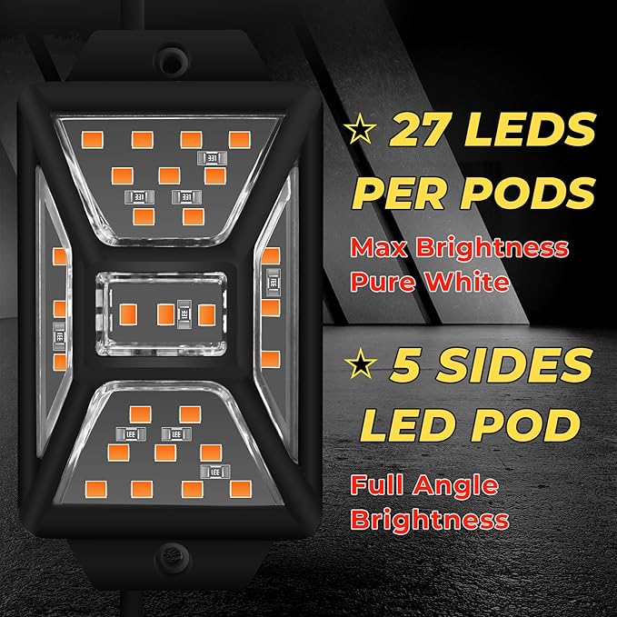 8 Pods Amber Rock Lights with 2 Pack Extension Wires,Waterproof Rock Lights Compatible with Trucks Jeep UTV SUV ATV Boat Golf Cart, High Bright Underglow Car Kits,Two-Path Led Rock Light(Patented)