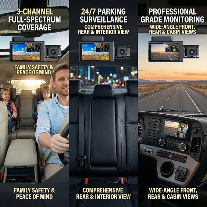 3 Channel Dash Cam 4K+1080P+1080P, 3 Inch IPS Screen, 5.8GHz/2.4G Dual Band WiFi Dash Camera for Cars, 20MB/s Fast Download, Built-in GPS, WDR Night Vision, 170° Wide Angle, G-Sensor, Loop Recording