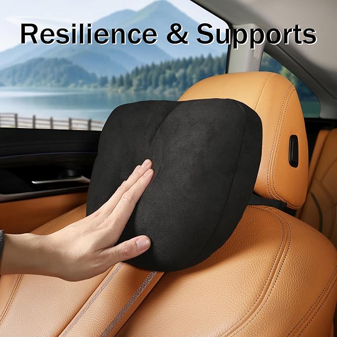 2pcs Car Neck Pillow for headrests,Support Drive Seats Head Cushion Pillows,Superfiber Suede,Plant-Based Polyester,Thickness & Height Adjustable,11.8x7.5,Inner Liner fillable (Black Color)