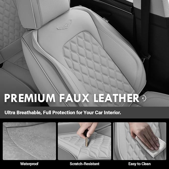 Coverado Full Set Car Seat Covers, Luxury Faux Leather Waterproof Seat Covers, Gray Car Seat Protectors, Universal Fit, Leather Seat Cushions for Cars-Gray