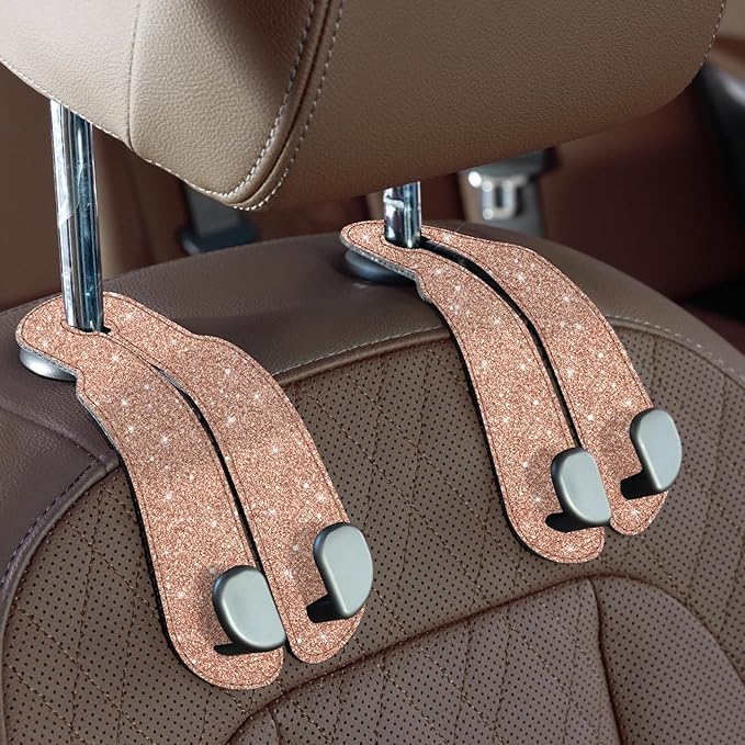 CoBak Purse Hook for Car - Universal Premium Stitched Leather and Aluminum-Magnesium Alloy Double Car Seat Back Storage Hook for Purses, Handbags, Bags (2 Pack),Glitter Rose