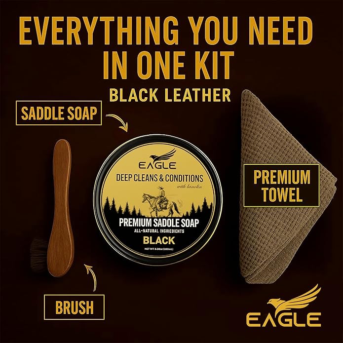 Black Saddle Soap for Leather – 3-Piece Saddle Soap Kit for Leather Cleaning, Boots, Tack, and Saddles – Includes Applicator and Cloth – Leather Soap and Conditioner for Leather Boots and Tack Care