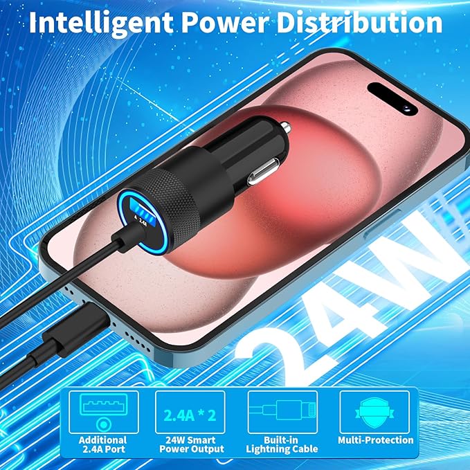 【MFi Certified】iPhone Fast Car Charger, Caiinei 4.8A Dual USB Power Cigarette Lighter iPhone Car Charger Fast Charging Built-in 6FT Lightning Cable for iPhone 14 13 12 11 Pro Max XS Mini XR X SE iPad